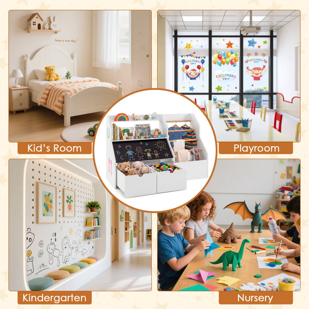 Kids toy storage organizer with flip-up blackboard, featuring colorful patterns and wheels for easy movement in playrooms.
