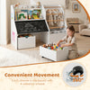 Kids toy storage organizer with a flip-up blackboard, featuring 4 wheels for easy movement and colorful patterns for fun.