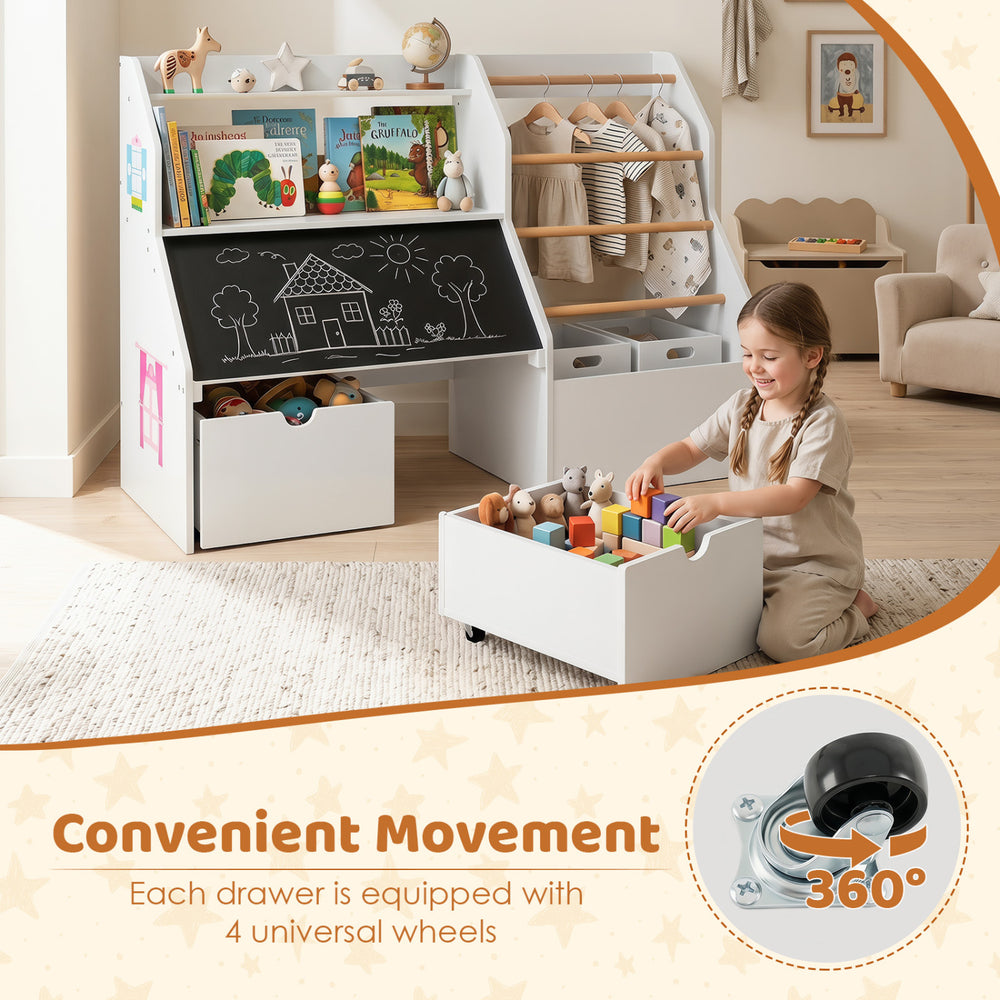 Kids toy storage organizer with a flip-up blackboard, featuring 4 wheels for easy movement and colorful patterns for fun.