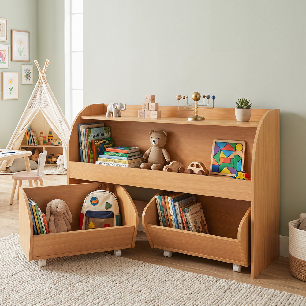 Kids Toy Storage Organizer with 2 Rolling Drawers & 3-Tier Bookshelf for Playroom-Natural - Gallery View 1 of 10