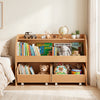Kids toy storage organizer featuring 2 rolling drawers and a 3-tier bookshelf for playroom, crafted from natural engineered wood.