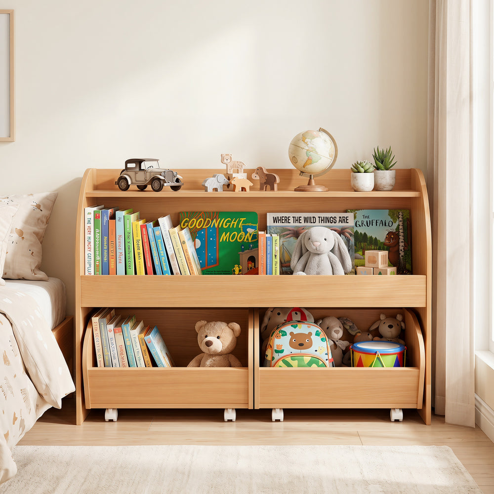 Kids toy storage organizer featuring 2 rolling drawers and a 3-tier bookshelf for playroom, crafted from natural engineered wood.