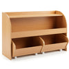 Kids toy storage organizer in natural wood with 2 rolling drawers and 3-tier bookshelf for playroom organization.