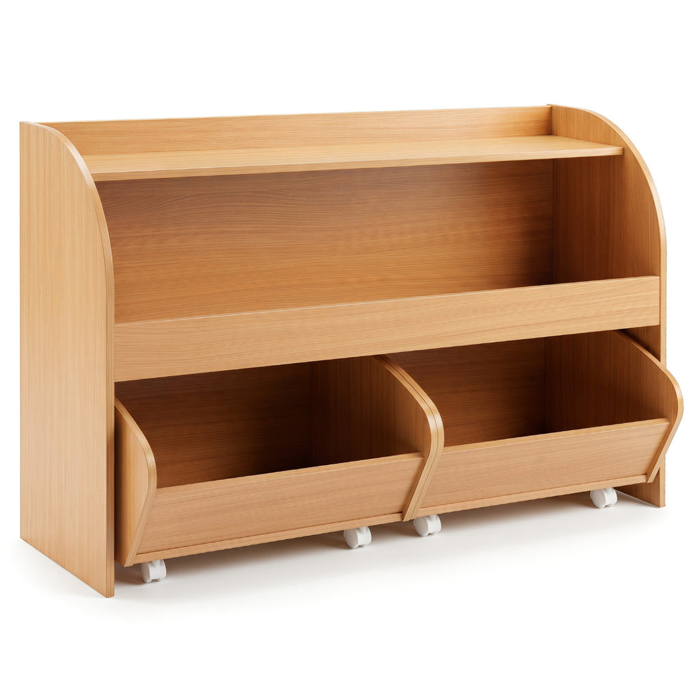 Kids toy storage organizer in natural wood with 2 rolling drawers and 3-tier bookshelf for playroom organization.