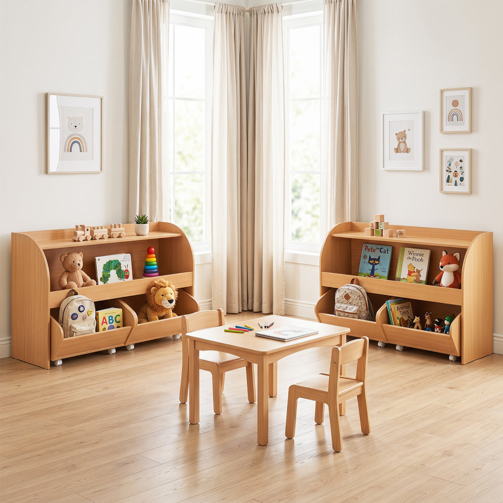 Kids toy storage organizer featuring 2 rolling drawers and a 3-tier bookshelf, perfect for playrooms and bedrooms.