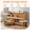 Kids toy storage organizer featuring a natural finish, 2 rolling drawers, and 3-tier bookshelf for playroom organization.