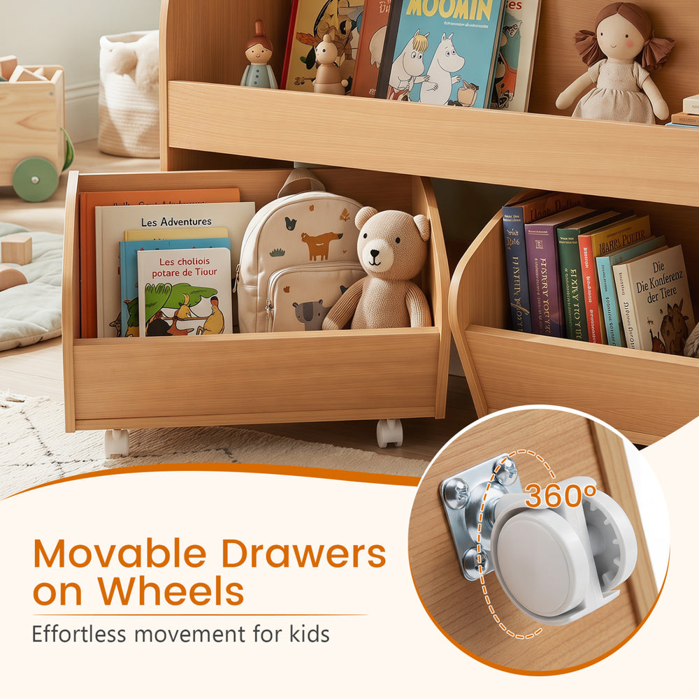 Kids toy storage organizer featuring 2 rolling drawers and 3-tier bookshelf for easy access and organization in playrooms.