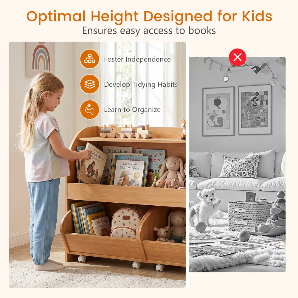 Kids toy storage organizer featuring 2 rolling drawers and a 3-tier bookshelf for easy access and organization in playrooms.