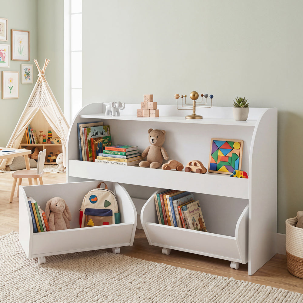 Kids Toy Storage Organizer with 2 Rolling Drawers & 3-Tier Bookshelf for Playroom-White - Gallery View 1 of 10