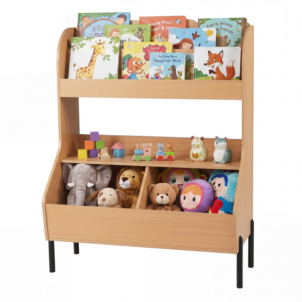 Kids Toy Storage Organizer Wooden Montessori Bookshelf with 2 Storage Bins-Natural - Gallery View 1 of 2