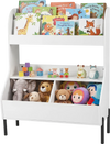 Kids toy storage organizer featuring a white wooden design with a 2-tier bookshelf and 2 storage bins for easy access.