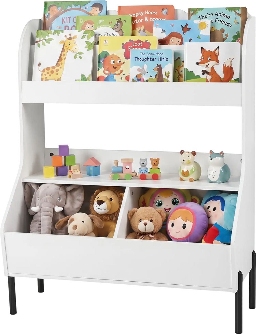 Kids toy storage organizer featuring a white wooden design with a 2-tier bookshelf and 2 storage bins for easy access.
