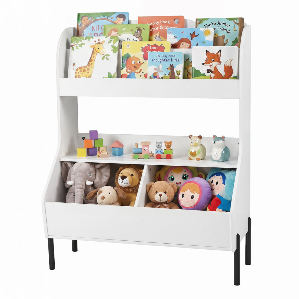 Kids Toy Storage Organizer Wooden Montessori Bookshelf with 2 Storage Bins-White - Gallery View 1 of 2