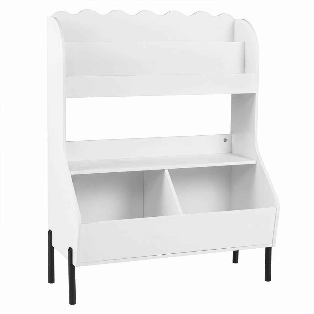 Kids toy storage organizer in white featuring a 2-tier bookshelf and 2 storage bins for easy access and organization.