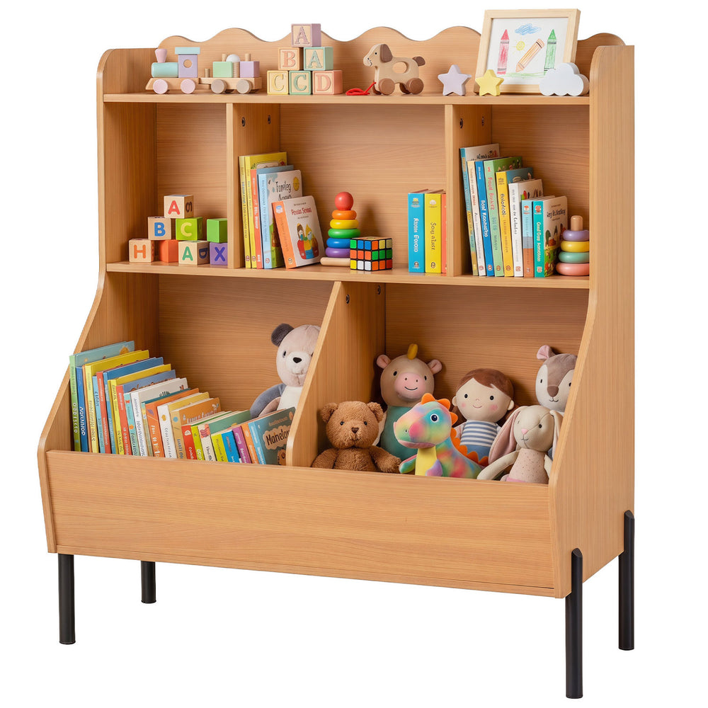 Kids Toy Storage Organizer Wooden Montessori Bookshelf with 5 Storage Cubes-Natural - Gallery View 1 of 2