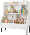 Kids toy storage organizer in white features 5 storage cubes and a top shelf, perfect for playrooms and bedrooms.