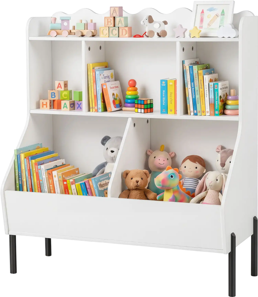Kids toy storage organizer in white features 5 storage cubes and a top shelf, perfect for playrooms and bedrooms.