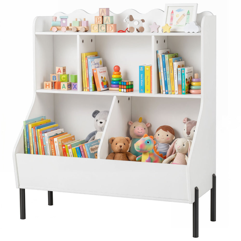 Kids Toy Storage Organizer Wooden Montessori Bookshelf with 5 Storage Cubes-White - Gallery View 1 of 2