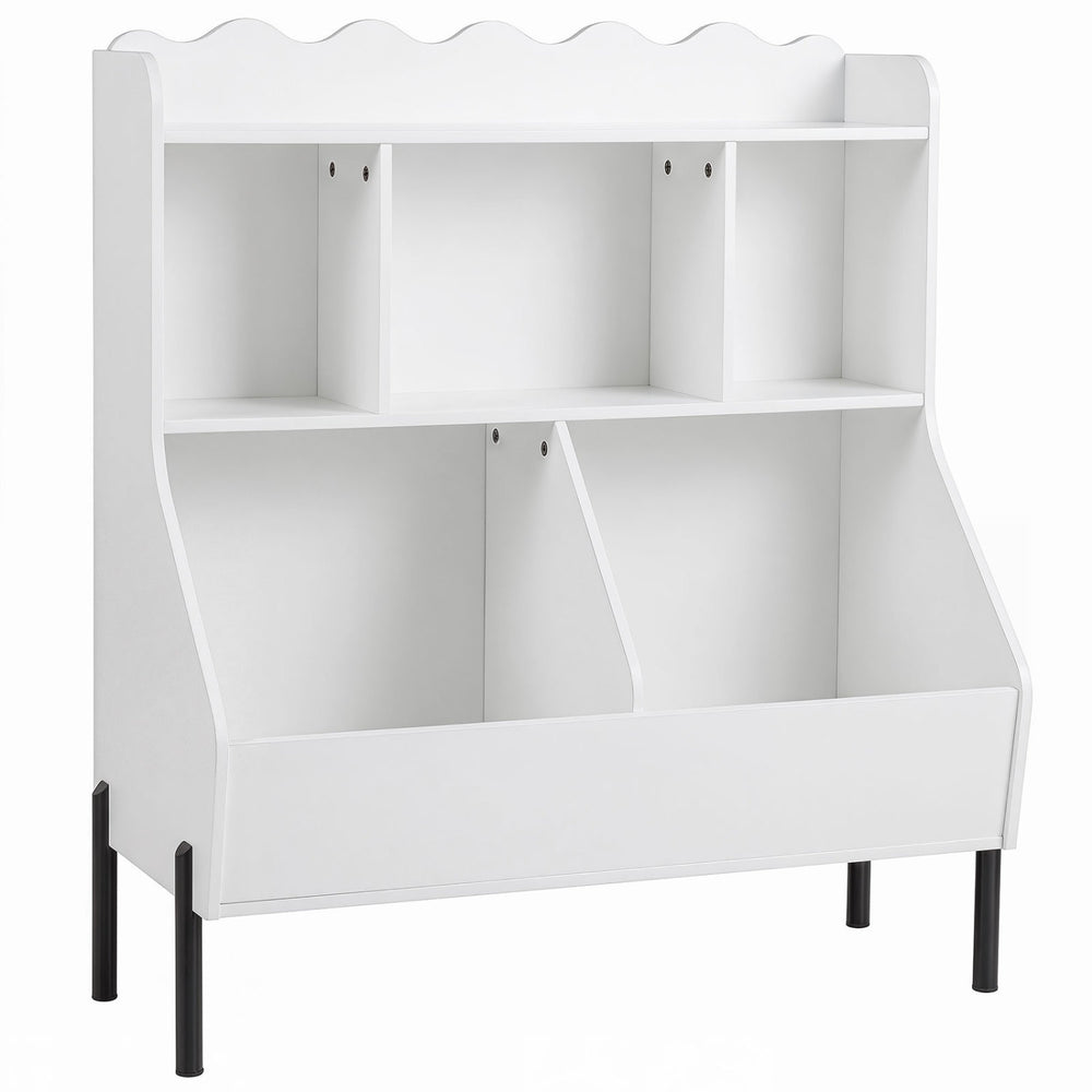 Kids toy storage organizer in white with a top shelf and 5 storage cubes, perfect for playrooms and bedrooms.