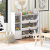 4-tier kids toy storage organizer in white with removable bins, cabinet door, and rounded corners for safe playroom use.