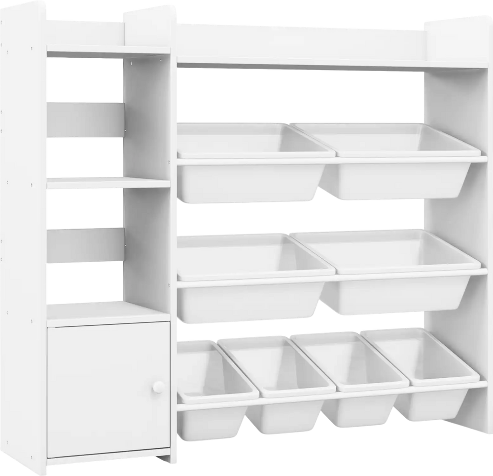 4-tier kids toy storage organizer with 8 removable bins and cabinet, designed for safe and easy access in playrooms.