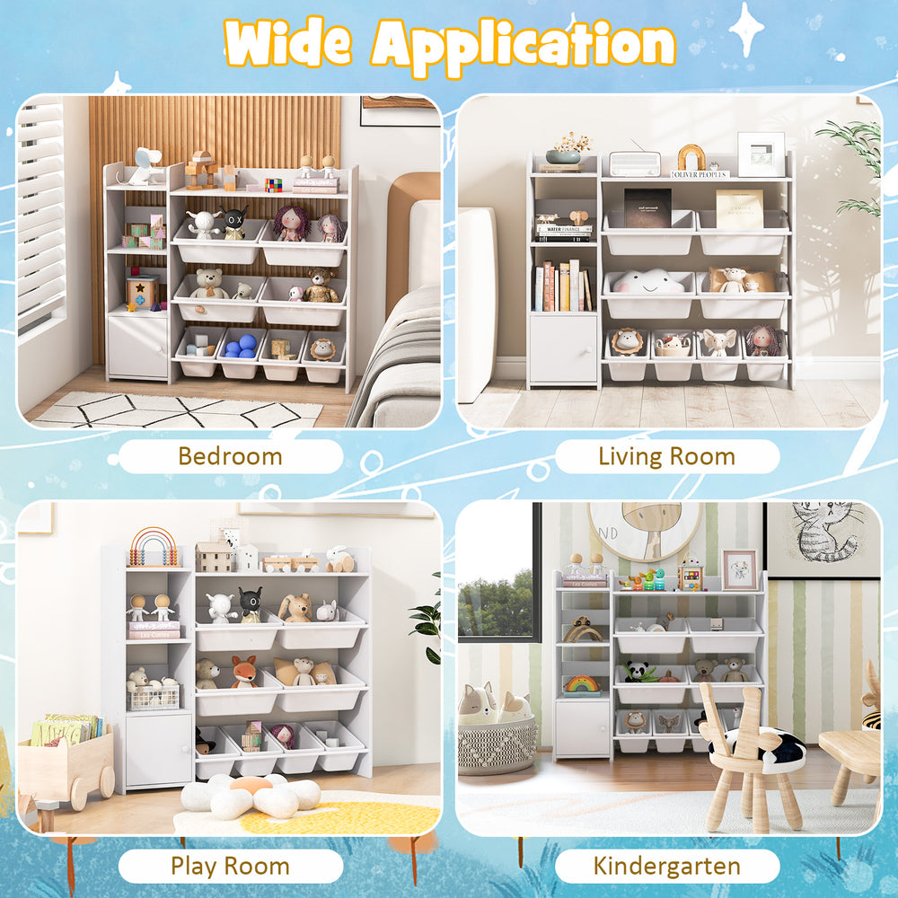 4-tier white kids toy storage organizer with removable bins, ideal for bedroom, playroom, and kindergarten use.