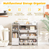 4-tier kids toy storage organizer in white with 8 removable boxes, cabinet door, and wide shelves for versatile storage.