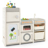 Multipurpose toy chest and bookshelf in gray with magnetic whiteboard, sink, and multiple storage areas for kids'.