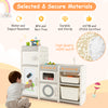 Multipurpose toy chest and bookshelf in gray with magnetic whiteboard, storage bins, and removable sink for kids'.