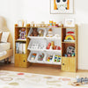 Kids toy storage and bookshelf in beige with open compartments and enclosed cabinets, perfect for organizing toys and.