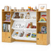 Kids toy storage and bookshelf in beige with open compartments and boxes, perfect for organizing toys and books.