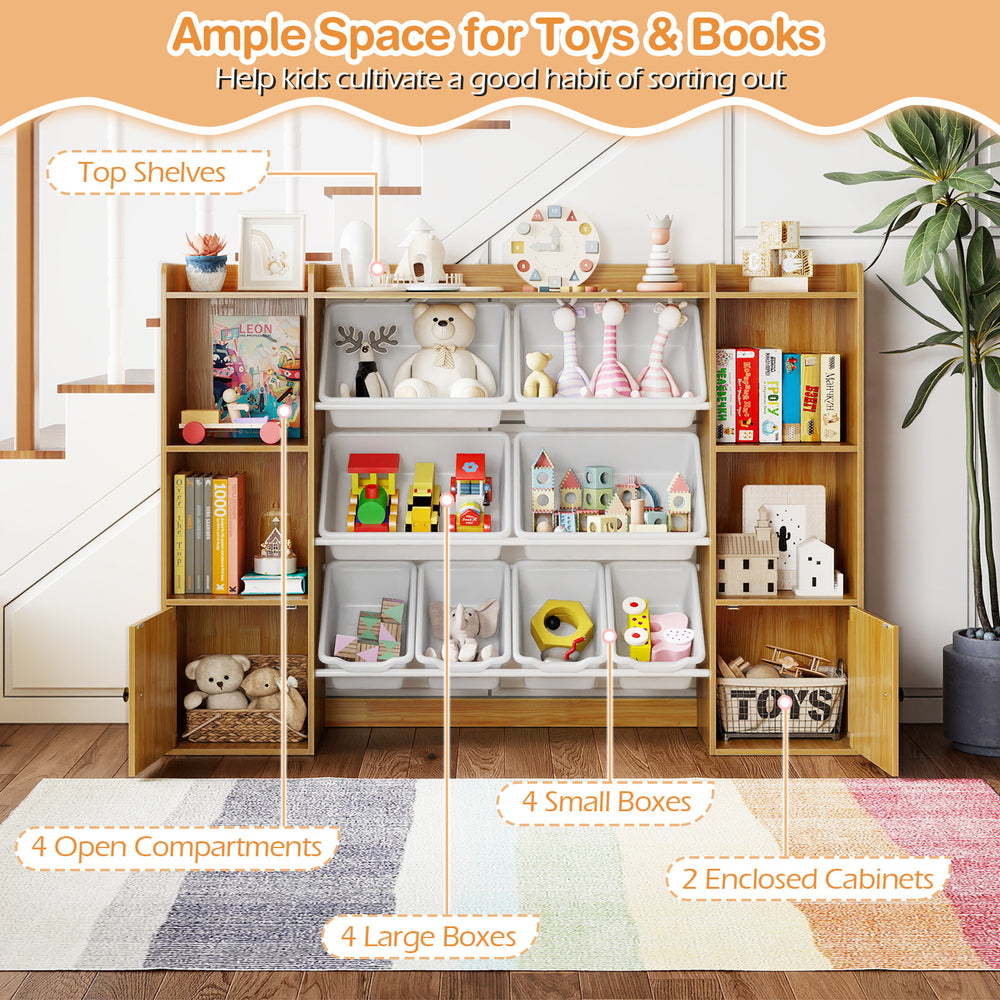 Kids toy storage and bookshelf in beige with 4 large boxes, 4 small boxes, and open shelves for organizing toys and.