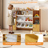 Kids toy storage and bookshelf in beige with open compartments and rounded corners, designed for easy access and safety.
