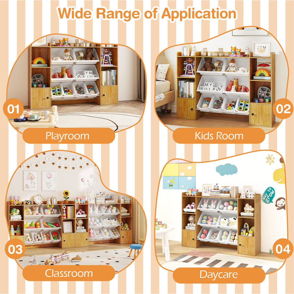 Kids toy storage and bookshelf in beige with open shelves and boxes, ideal for playrooms and classrooms.