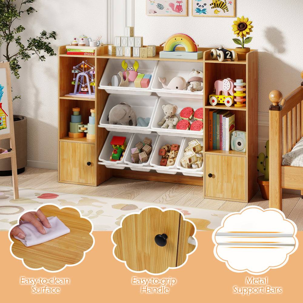 Kids toy storage and bookshelf in beige with open shelves, enclosed cabinets, and easy-to-clean surfaces for organized.
