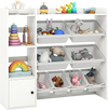 Kids toy storage and bookshelf in white with open shelves, cabinet, and 8 storage boxes for organized playroom use.
