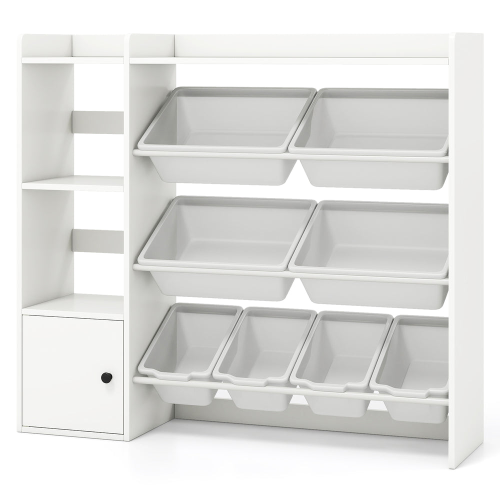 Kids toy storage and bookshelf in white with 8 boxes, 2 open shelves, and a cabinet, perfect for playrooms and.