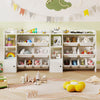 Kids toy storage and bookshelf in white with open shelves, cabinet, and 8 boxes for organized playroom storage.