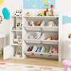 Kids toy storage and bookshelf in white with 8 boxes and open shelves, perfect for playrooms and classrooms.