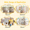Kids toy storage and bookshelf in white with open shelves and cabinet, perfect for playrooms and classrooms.