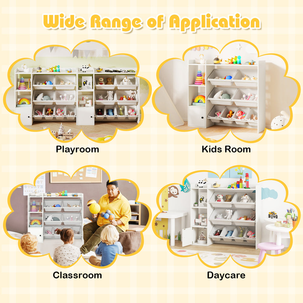 Kids toy storage and bookshelf in white with open shelves and cabinet, perfect for playrooms and classrooms.