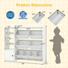 Kids toy storage and bookshelf dimensions showing 1 cabinet, 2 top shelves, and 8 boxes for large storage capacity.