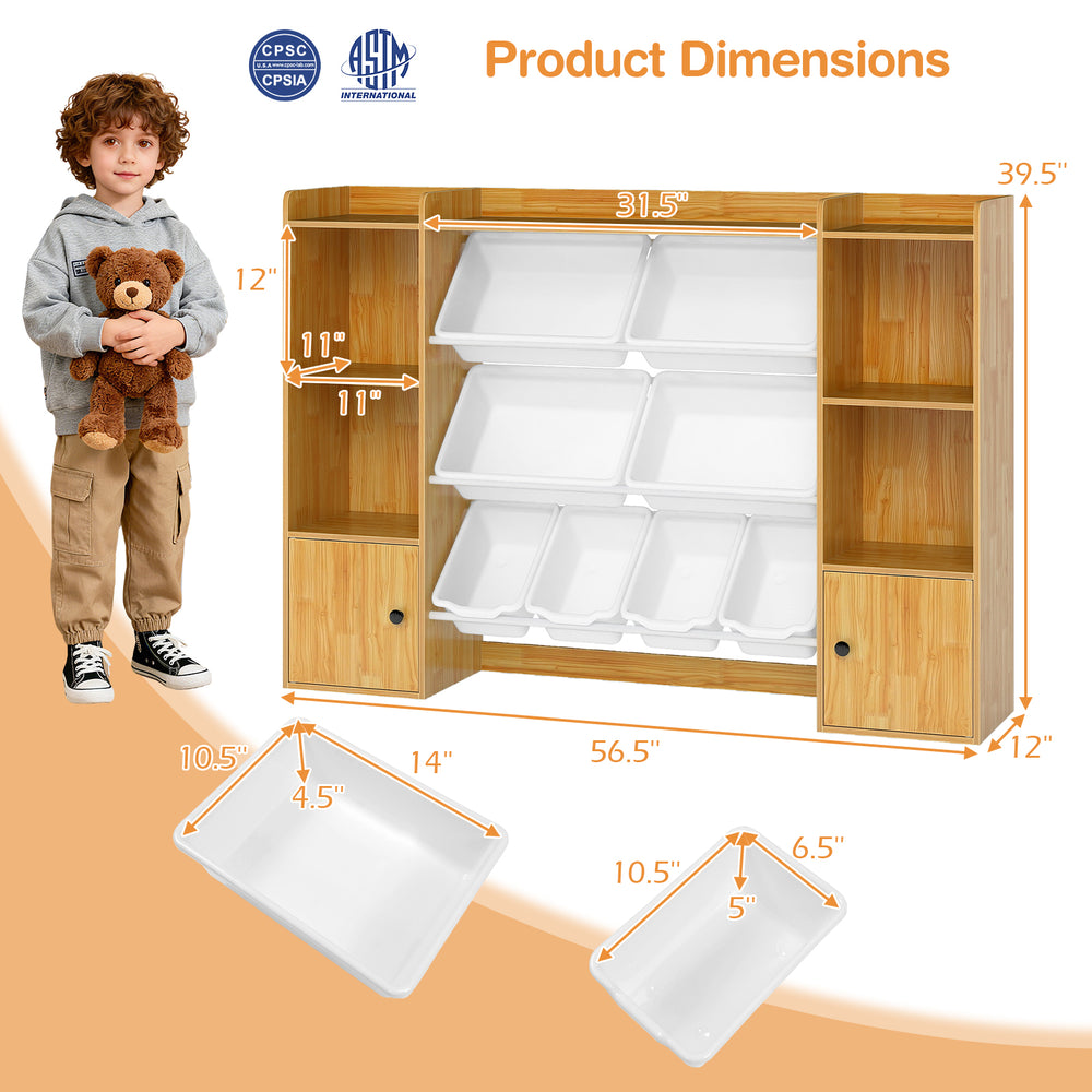 Kids toy storage and bookshelf in beige with 4 open compartments and 8 storage boxes, ideal for organizing toys.