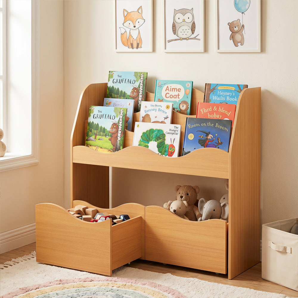 Kids Toy Wooden Storage Organizer with 2 Rolling Drawers for Kids Room-Natrual - Gallery View 1 of 10