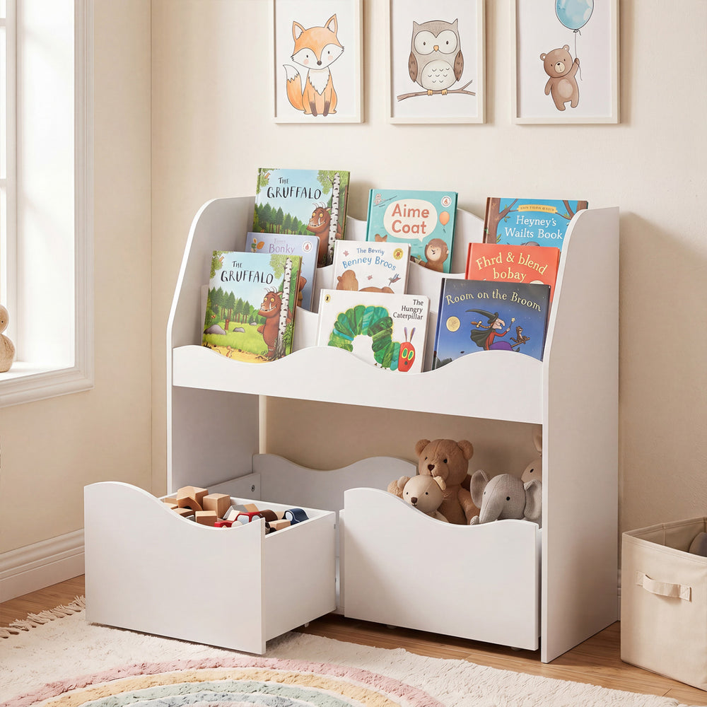 Kids toy wooden storage organizer in white featuring a 3-tier bookshelf and 2 rolling drawers for easy access and organization.