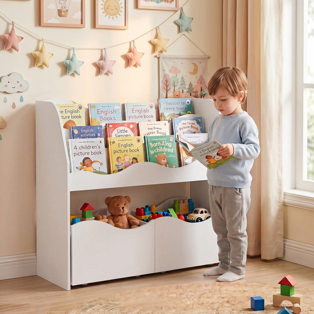 Kids toy wooden storage organizer in white with rolling drawers provides a safe and accessible space for books and toys.