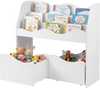 Kids toy wooden storage organizer in white with spacious shelves and rolling drawers, perfect for teaching organization skills.