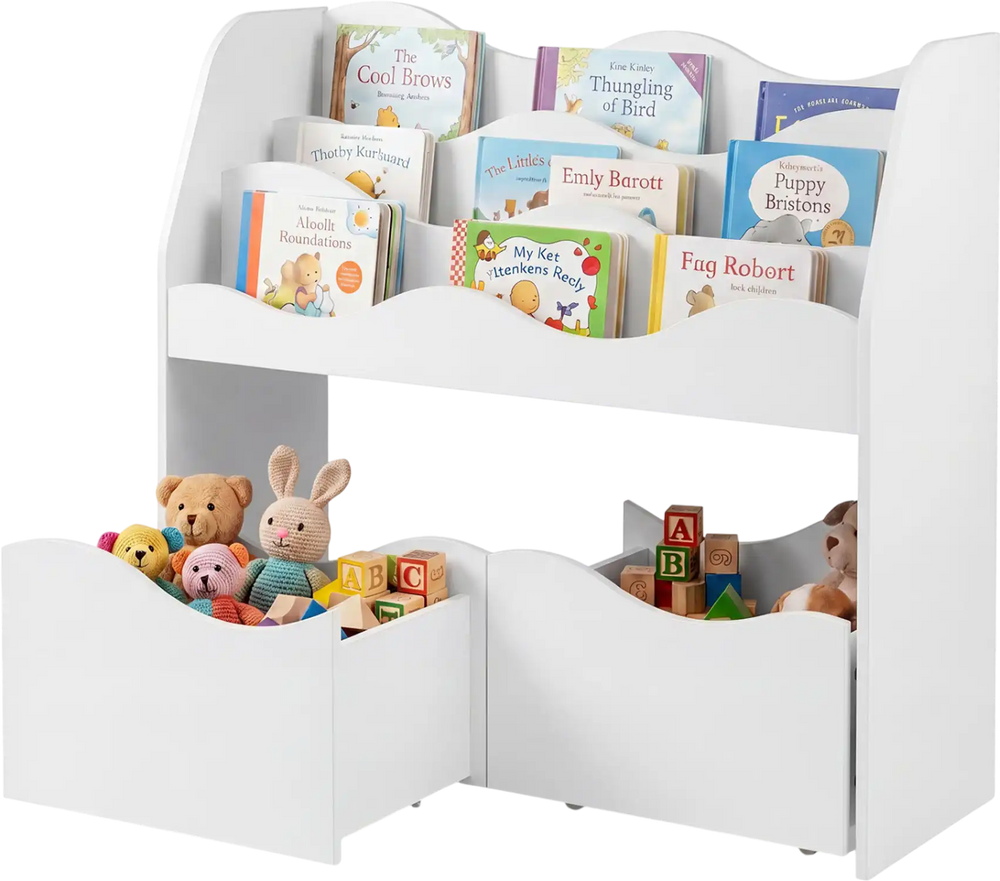 Kids toy wooden storage organizer in white with spacious shelves and rolling drawers, perfect for teaching organization skills.