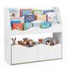 Kids toy wooden storage organizer in white with spacious compartments for books and toys, designed for children's ease of use.