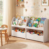 Wooden storage organizer in white with a child-friendly height, perfect for books and toys in playrooms or bedrooms.